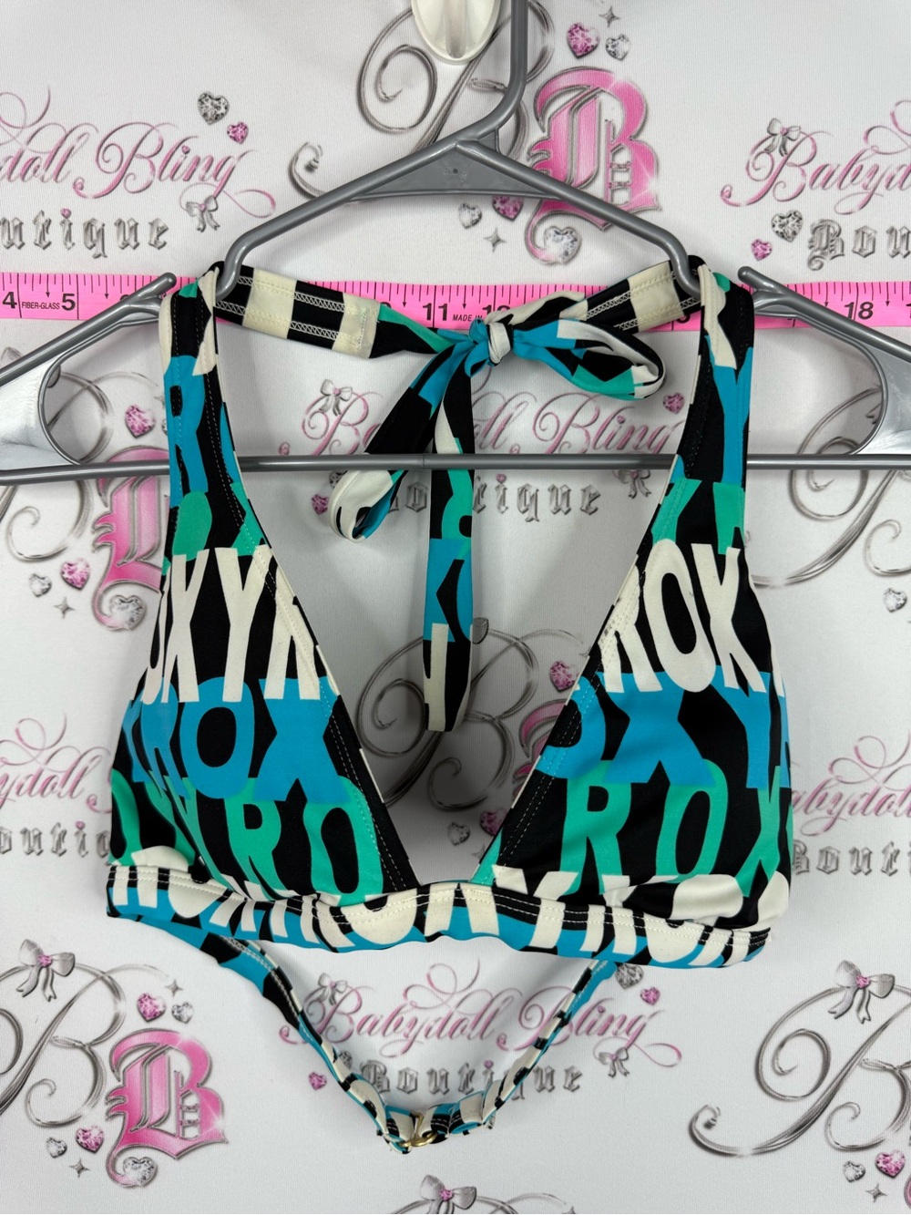 Roxy bikini top reversible Blue, Teal & Black Logo Triangle Halter Swim Top